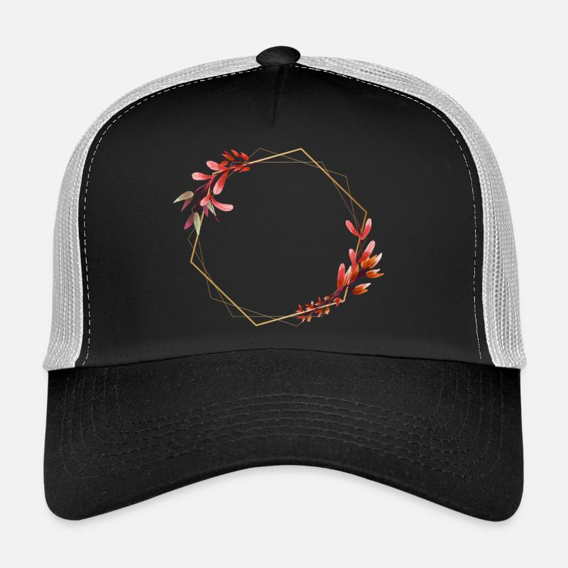 Hexagone doré à fleurs rouges et oranges Casquette trucker 