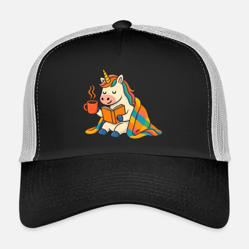 Cute Cozy Unicorn Reading and Coffee Tee Trucker Cap