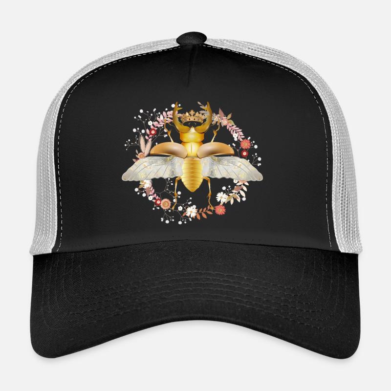 goldfarbener Hirschkäfer mit Krone und Blüten - Trucker Cap - Schwarz/Steingrau