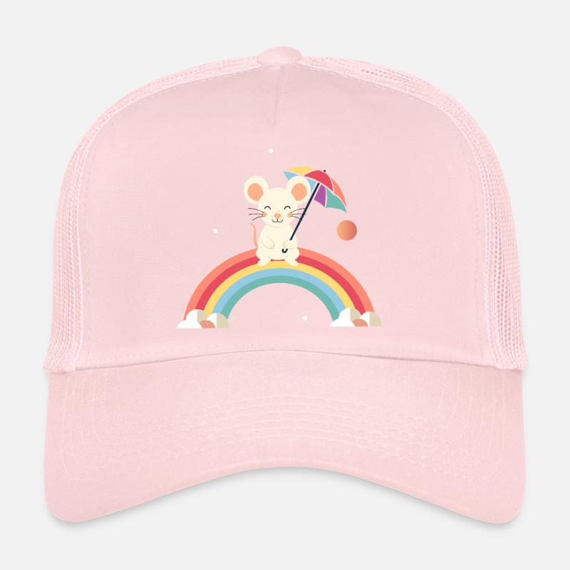 Cheerful mouse with umbrella on rainbow Trucker Cap