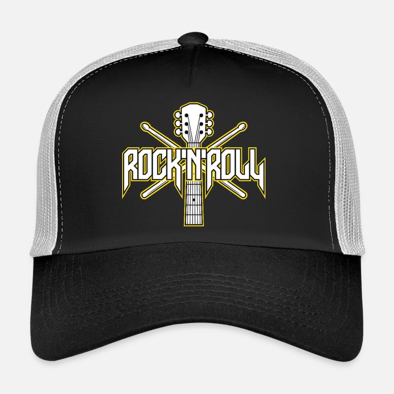 RockNroll Guitar and Drumsticks Emblem Trucker Cap