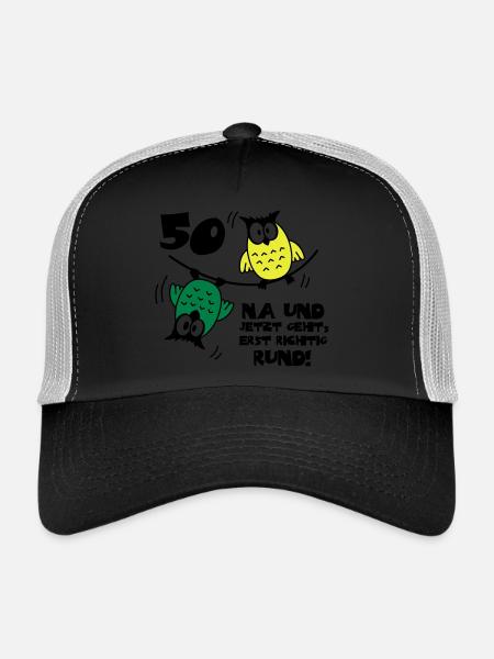 50 Birthday, Owl on the wire rope, round - Trucker Cap - black/stone grey - Front