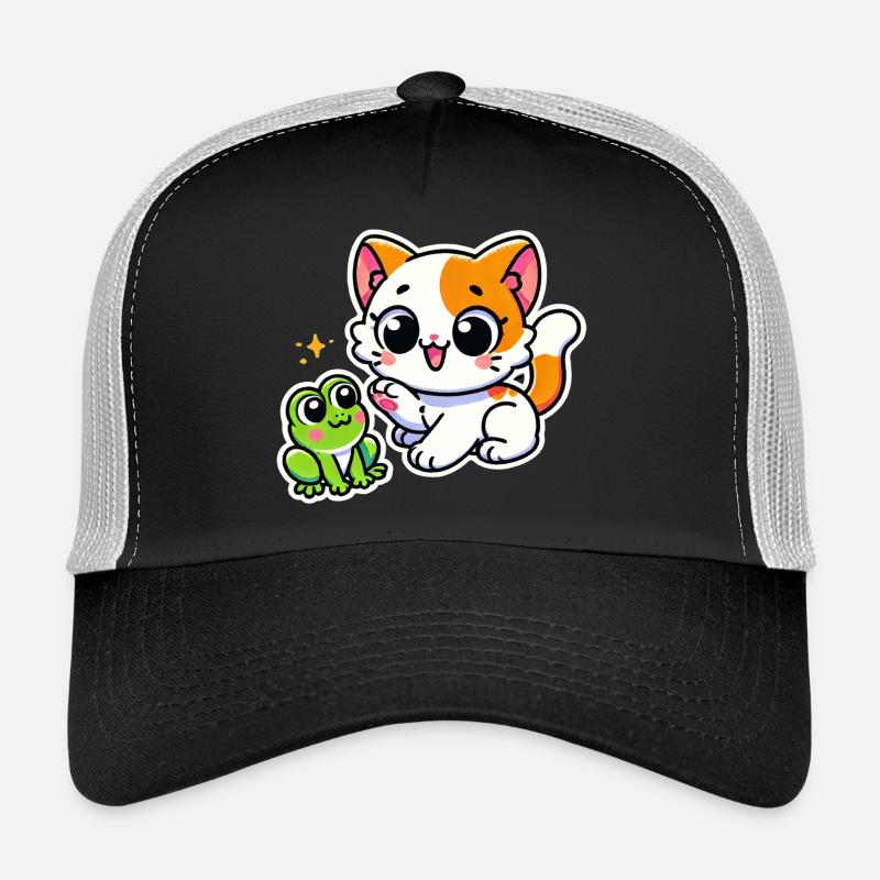 Cute ginger white Cat met a frog Trucker Cap