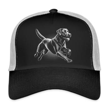 Fröhlich laufender Labrador im Zeichenstil - Trucker Cap - Schwarz/Steingrau - Vorne