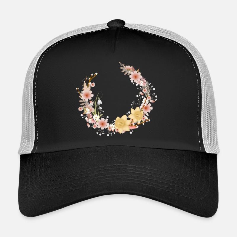 Couronne de fleurs, jonquilles printanières et chatons de palmier Casquette trucker 