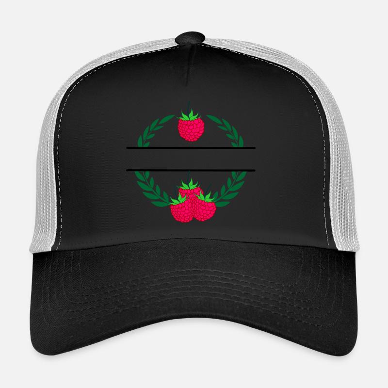 Raspberry in laurel wreath with red raspberry Trucker Cap
