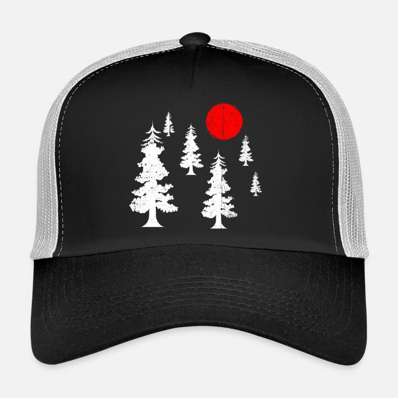 Red Sun over White Pine Silhouettes Trucker Cap