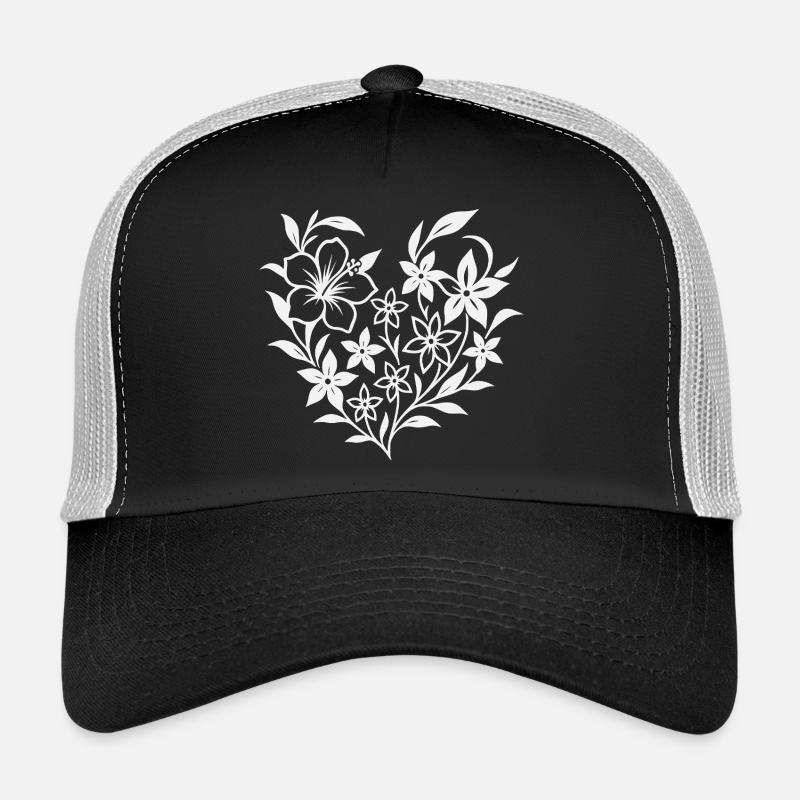Blumiges Herzmuster in Weiß - Trucker Cap - Schwarz/Steingrau