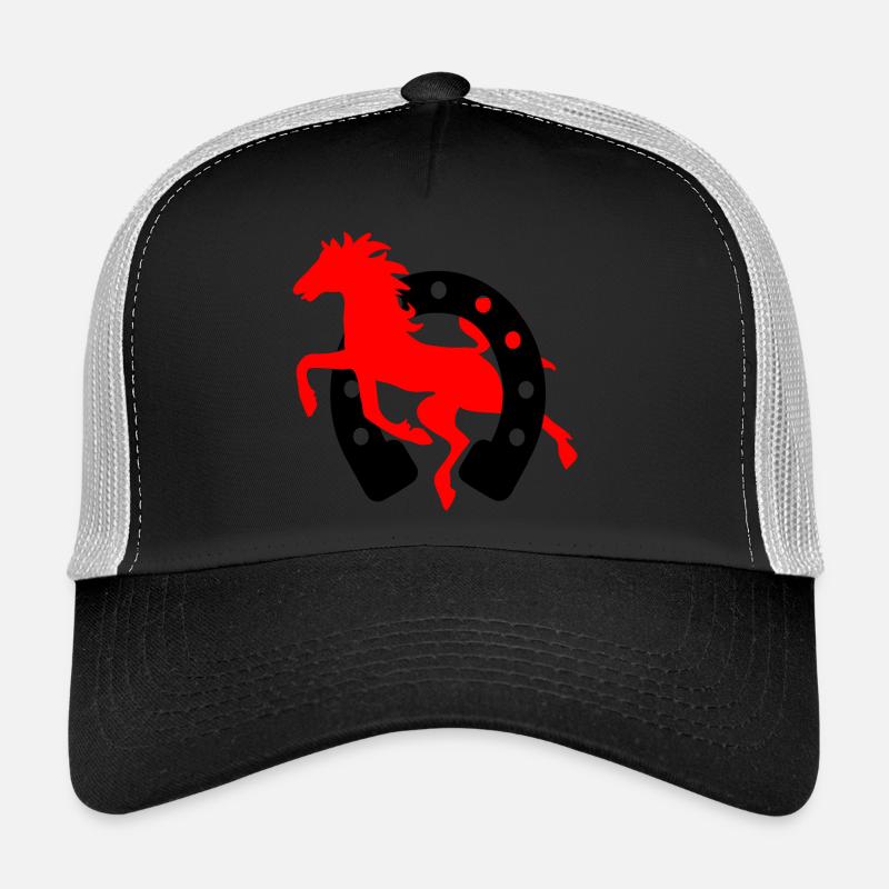 Fer à cheval rouge avec logo de cheval noir école d’équitation - Casquette trucker - noir/gris pierre