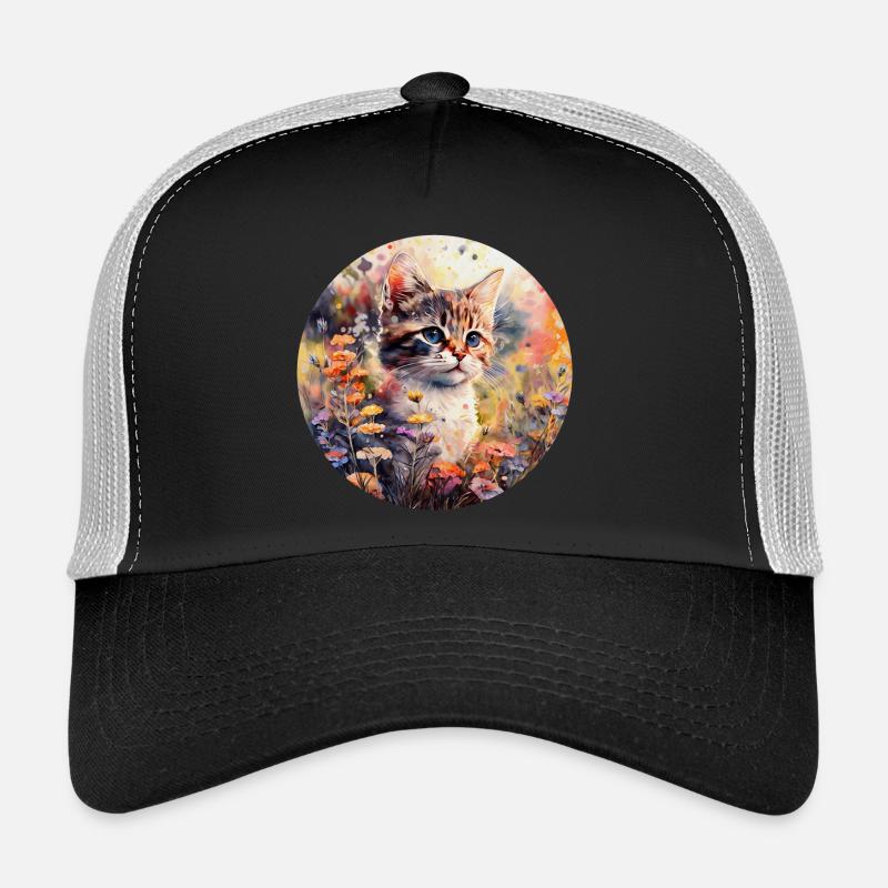 Chat dans un pré fleuri - Aquarelle Casquette trucker 