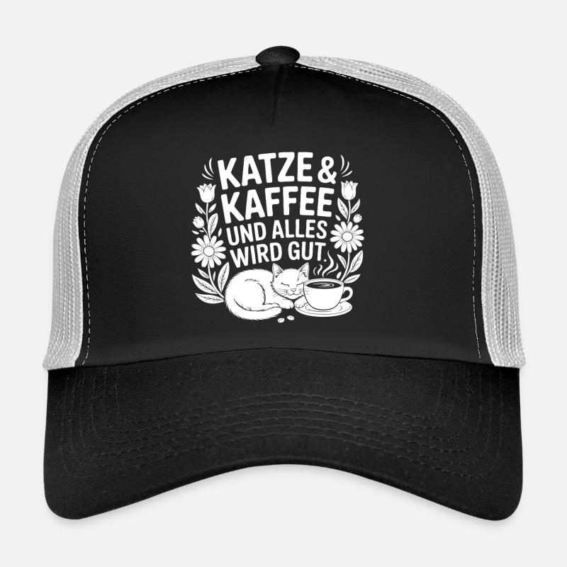 Katze und Kaffee und alles wird gut - Trucker Cap - Schwarz/Steingrau