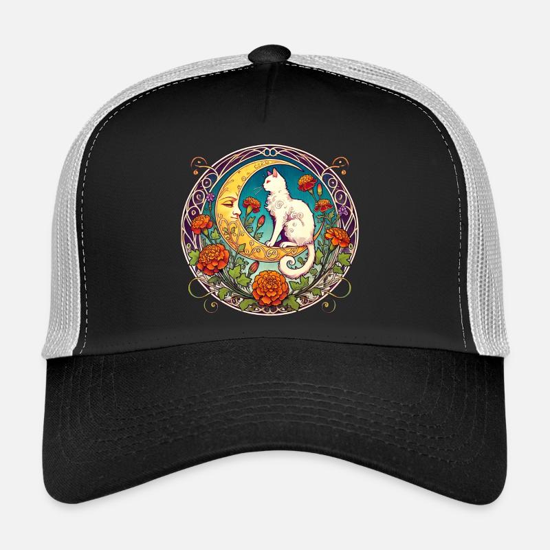 Moonlit Cat in Floral Arc Trucker Cap