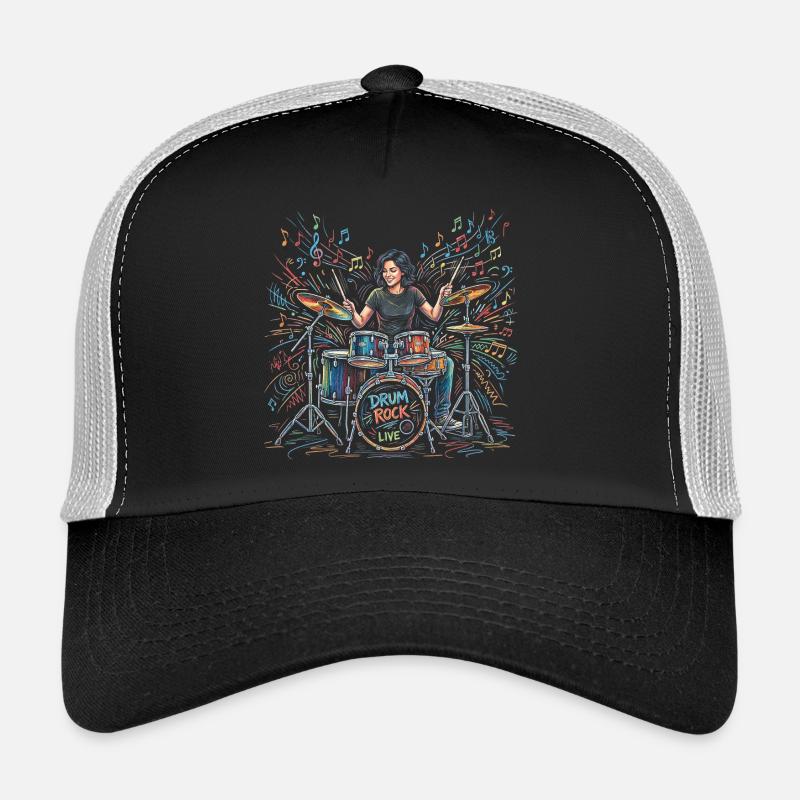 Female Drummer Playing Drum Set Drawing Print Trucker Cap