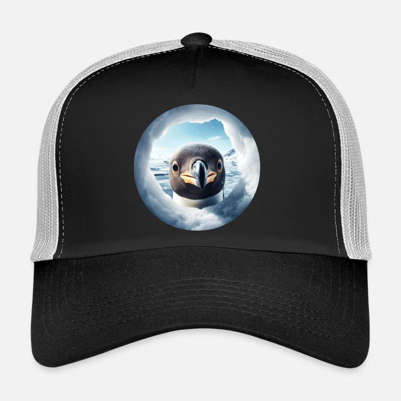 Penguin looks through hole, snow landscape Trucker Cap