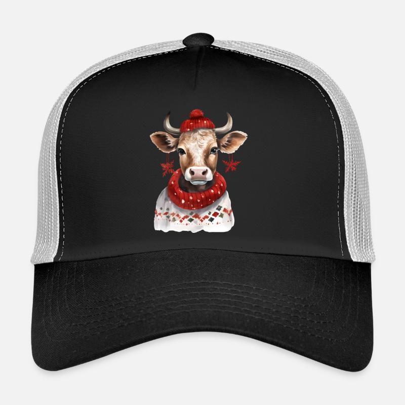 Vache d’hiver avec écharpe rouge et chapeau Casquette trucker 
