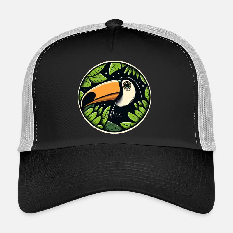 Toucan looking through leaves jungle Trucker Cap