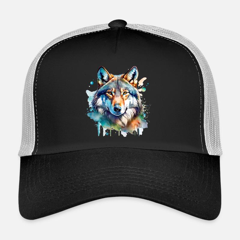 Aquarell Wolf Portrait - Trucker Cap - Schwarz/Steingrau