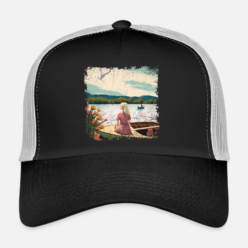 Frau sitzt im Boot am Wasser - Trucker Cap - Schwarz/Steingrau