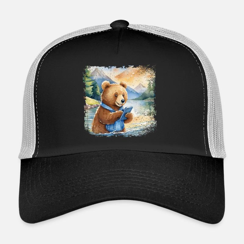 Niedlicher junger Braunbär mit Handy Trucker Cap
