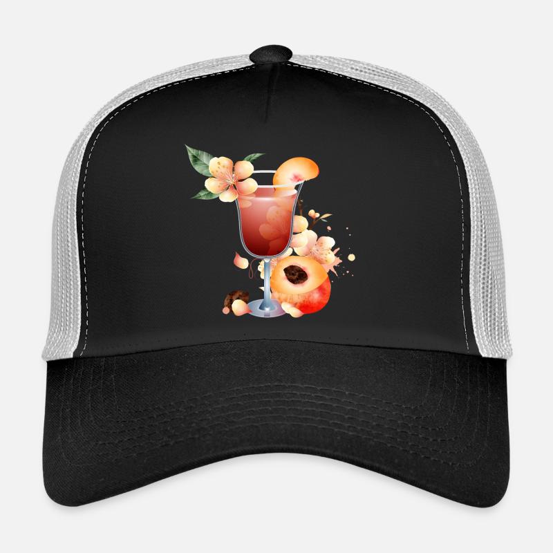 Cocktail with peach half and peach blossoms Trucker Cap