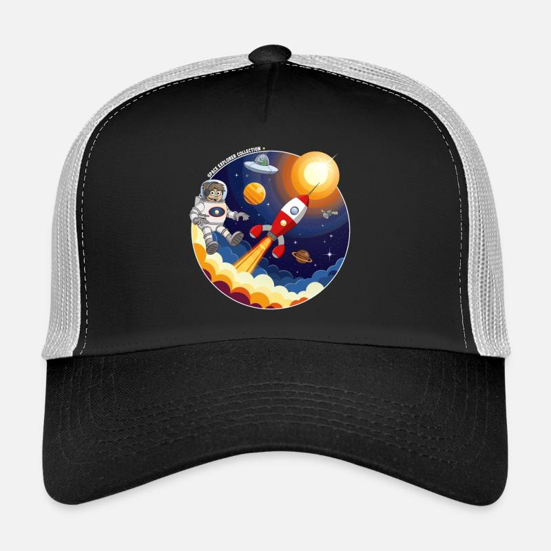 Fusée, astronaute, OVNI et planètes dans l’espace. Casquette trucker 