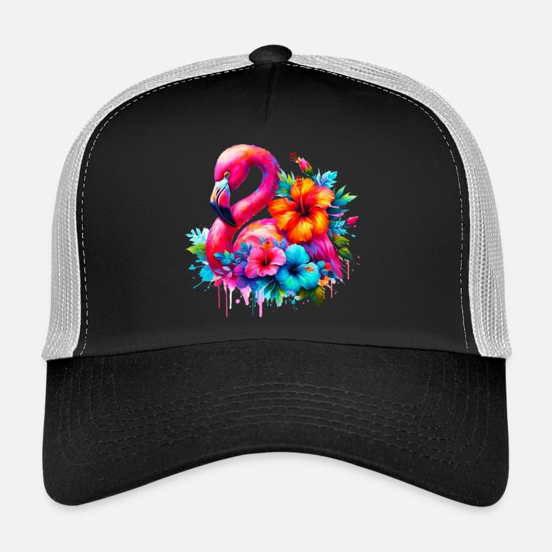 Flamant rose décoré de fleurs d’hibiscus Casquette trucker 