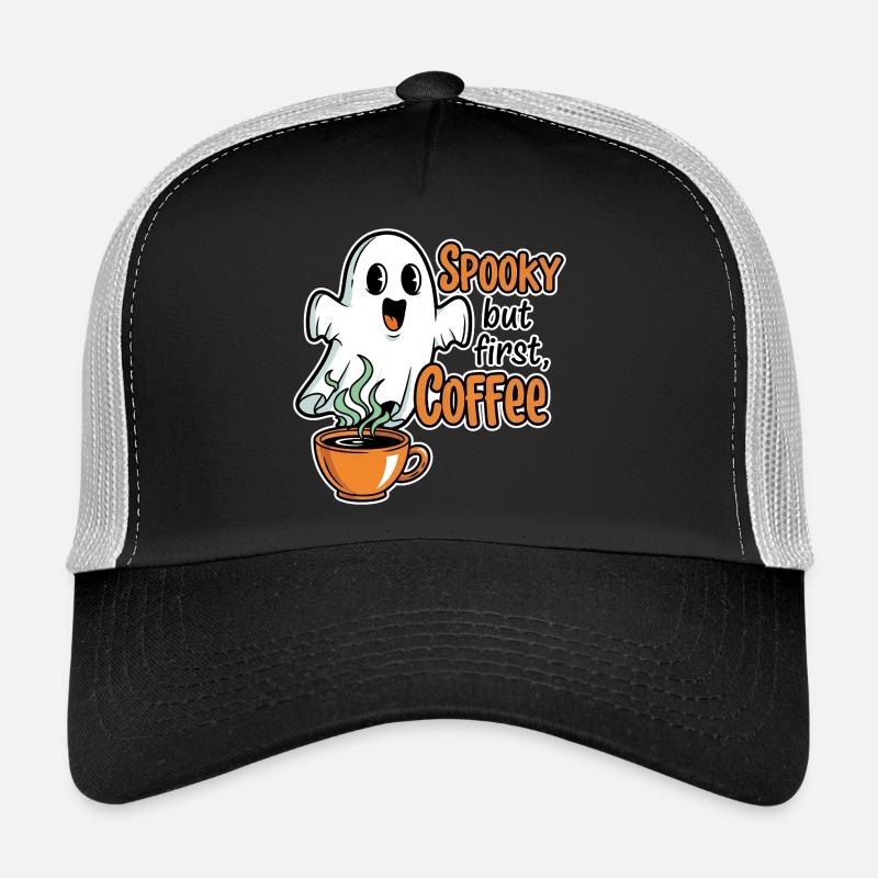 Spooky Ghost with Coffee Humor Trucker Cap