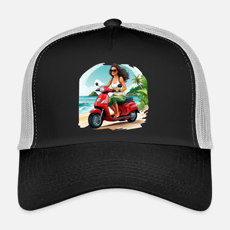 Frau mit rotem Roller am Strand - Trucker Cap - Schwarz/Steingrau