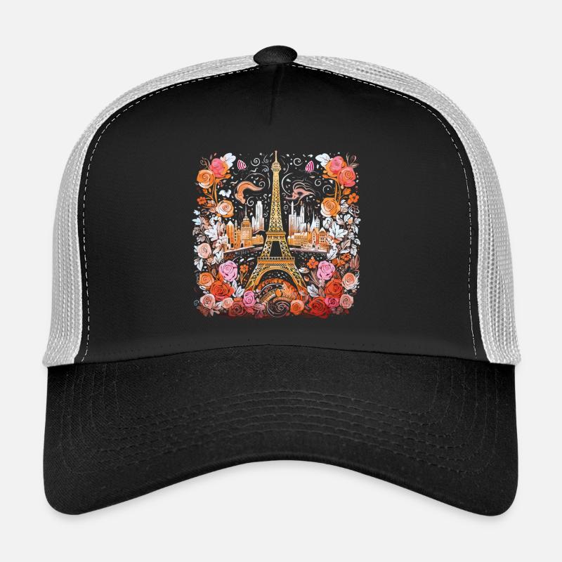 Paris Eiffelturm Blumen Rosen Frankreich Aquarell - Trucker Cap - Schwarz/Steingrau