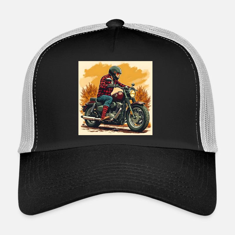 Plaid Socks + Biker Illustration - Trucker Cap - black/stone grey