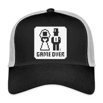 Game Over (Hochzeit, JGA, Brautpaar, Pixel, NEG W) - Trucker Cap - Schwarz/Steingrau - Vorne