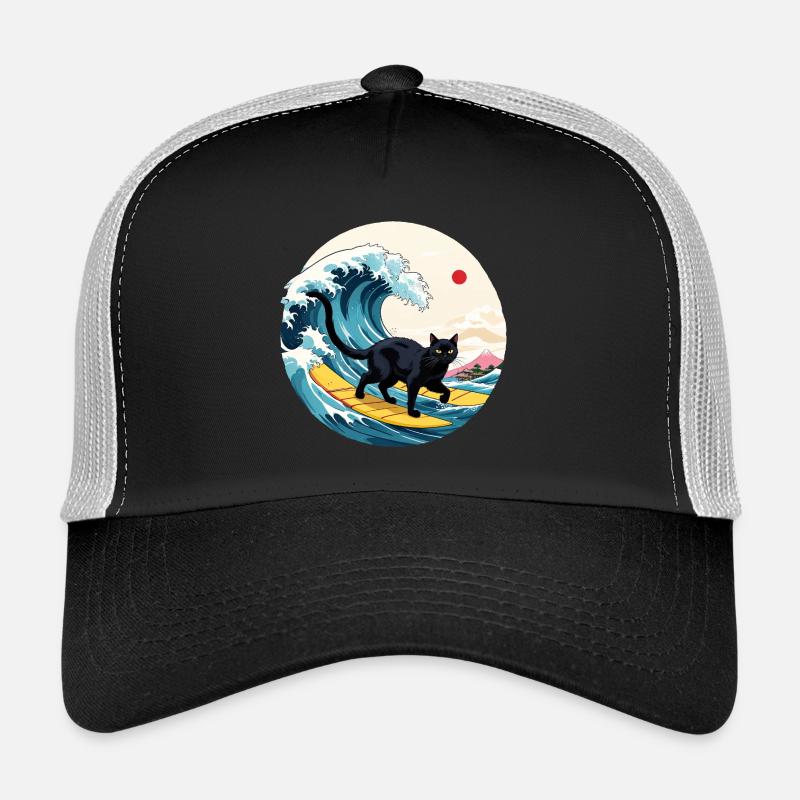 Black Cat Surfing Wave Trucker Cap