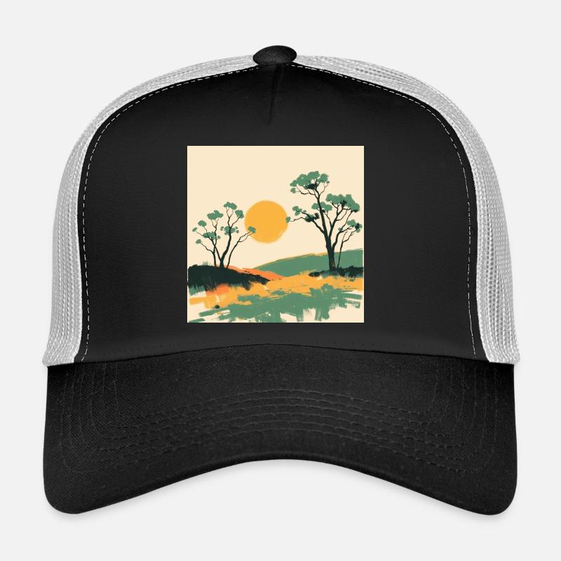 Sonnenhorizont und Kiefern - Trucker Cap - Schwarz/Steingrau