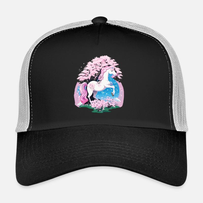 Licorne pastel dans la forêt de cerisiers en fleurs Casquette trucker 