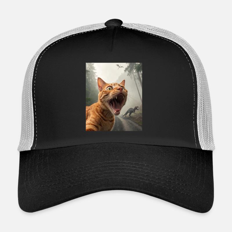 Scared Cat Selfie With Dinosaurs, Funny Photograph Trucker Cap