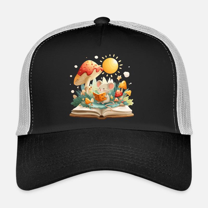 Mouse in the mushroom forest reads book Trucker Cap