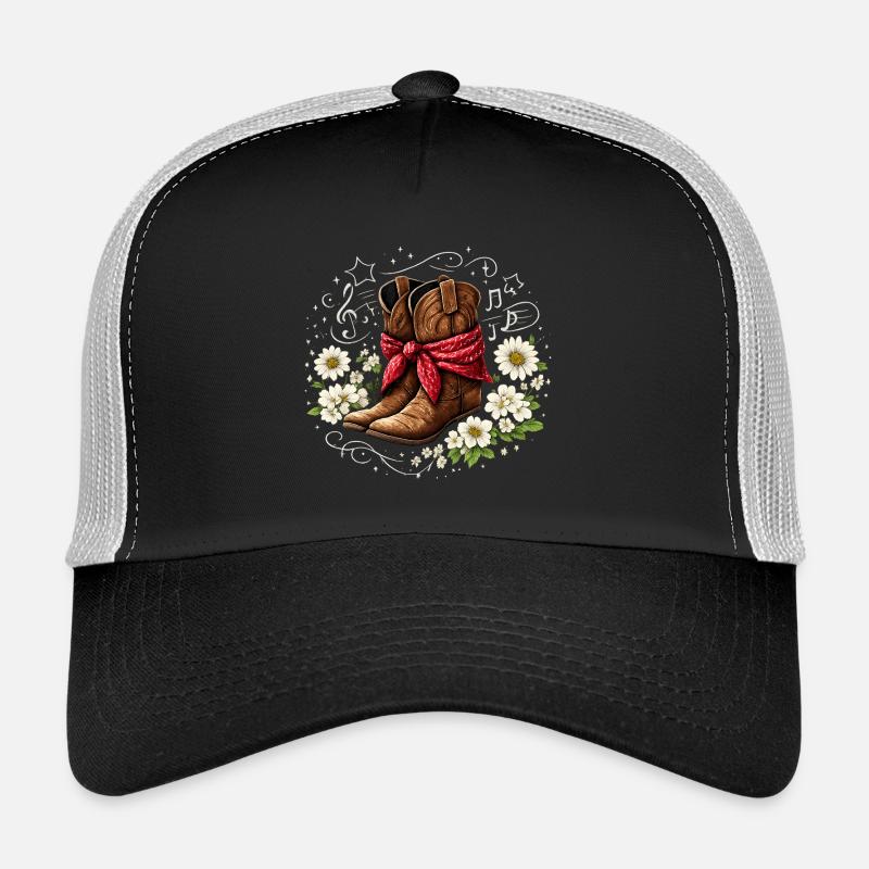 Bottes de cowboy avec fleurs de bandana rouges Notes Casquette trucker 