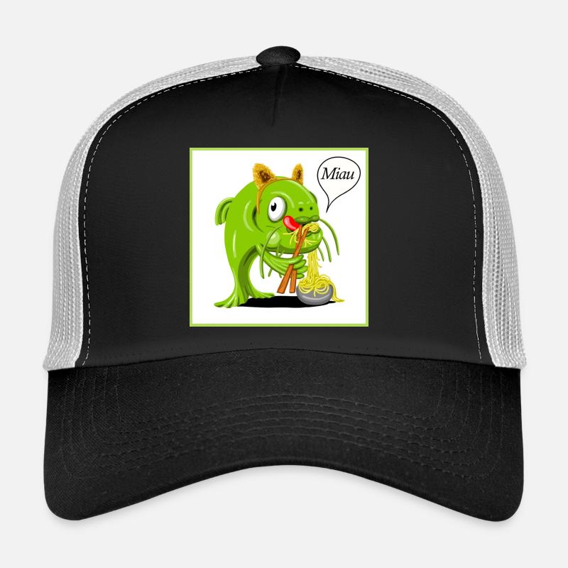 Catfish dressed as a cat slurping noodles Trucker Cap