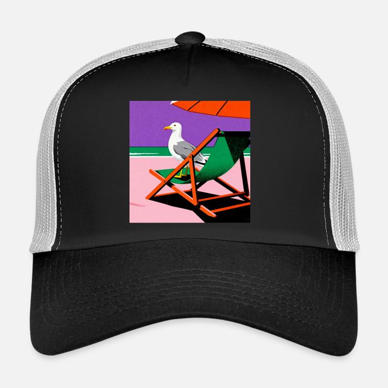 Bunter Strandstuhl und Möwe Trucker Cap