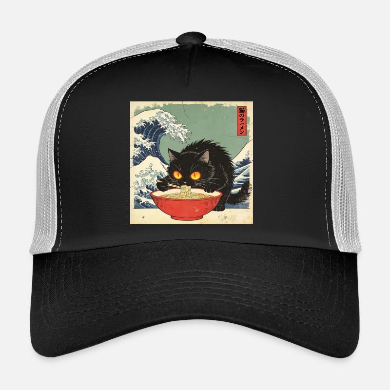 Japan Cat Ramen Nudeln Retro Wave Muster - Trucker Cap - Schwarz/Steingrau