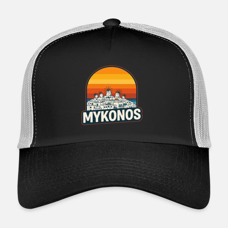 Mykonos Greece Windmills Retro Sunset Art Trucker Cap