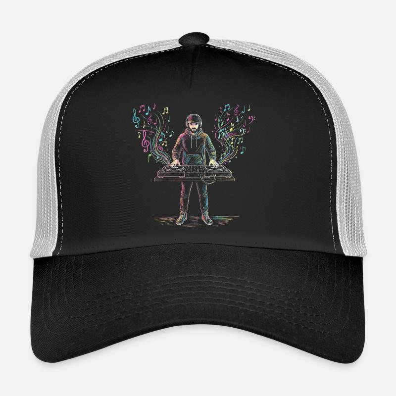 Dj Men Playing Music Mixer Instrument Drawing Trucker Cap