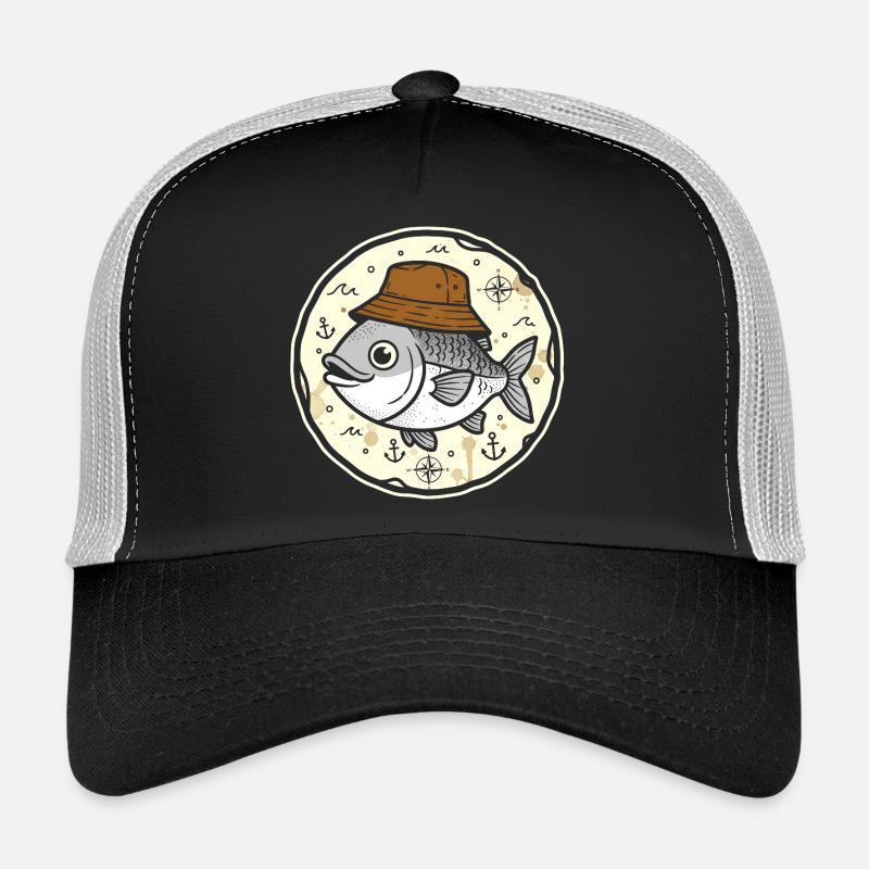 Poisson avec chapeau dans un logo marin rond Casquette trucker 