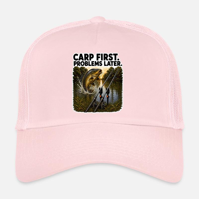 Carp First Problems Later Jumping Carp Design Trucker Cap