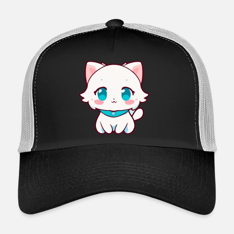 Kawaii White Chibi Cat - Mignonne chatte d’anime - Casquette trucker  - noir/gris pierre