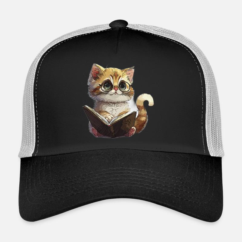 Reading Kitten with Glasses Cat Reading Cat - Trucker Cap - black/stone grey
