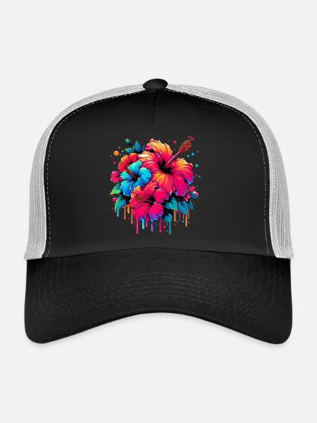 Fleurs d’hibiscus - Casquette trucker  - noir/gris pierre - Devant