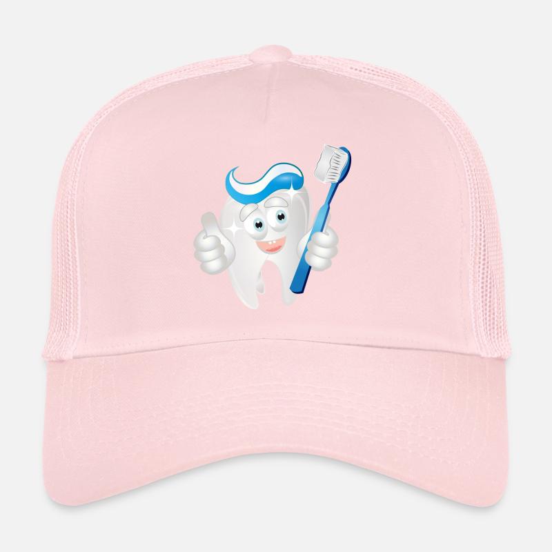 strahlender weißer Zahn mit Zahncreme als Comic Trucker Cap