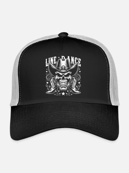 Line Dance Skull mit Stetson und Boots und Lasso - Trucker Cap - Schwarz/Steingrau - Vorne