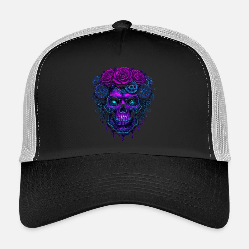 Neon Kybernetisch Schädel mit rosa Zahnrädern Trucker Cap